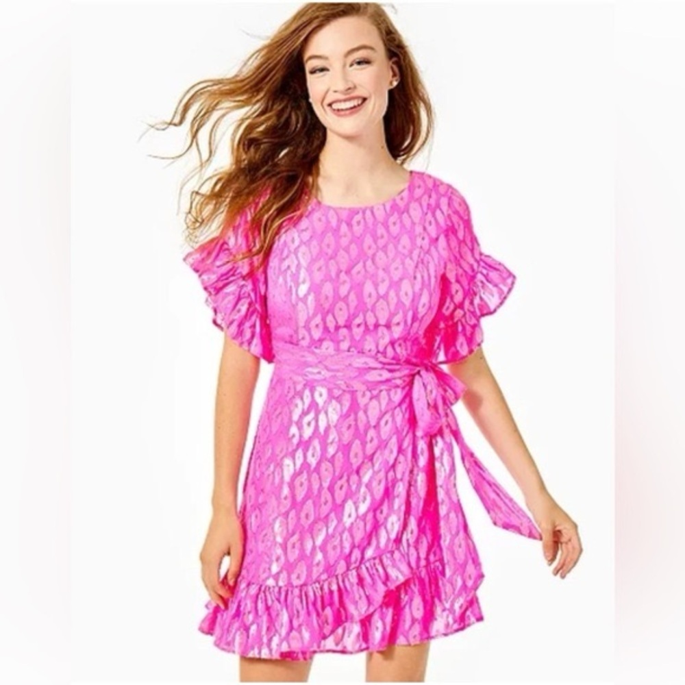 Lilly Pulitzer Darlah Silk Mini Dress in the pink metallic leopard print pattern